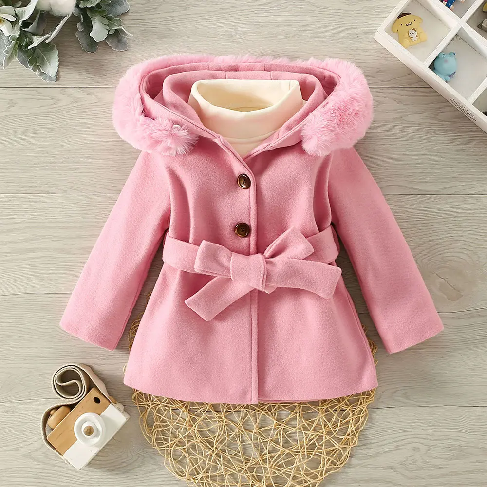 Autumn and Winter New Girls' Big Wool Collar Hooded Woolen Coat Children's Cute Solid Belt Bow Fleece Coat