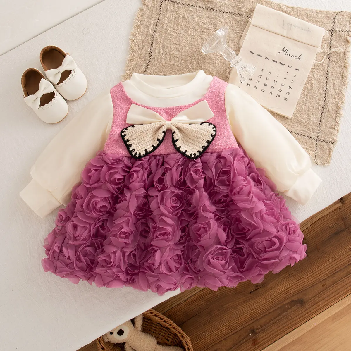 Girls Dress Autumn New Long Sleeved Baby Dress Solid Color Imitation Two Piece Mesh 3d Flower Bow Clothes Girl