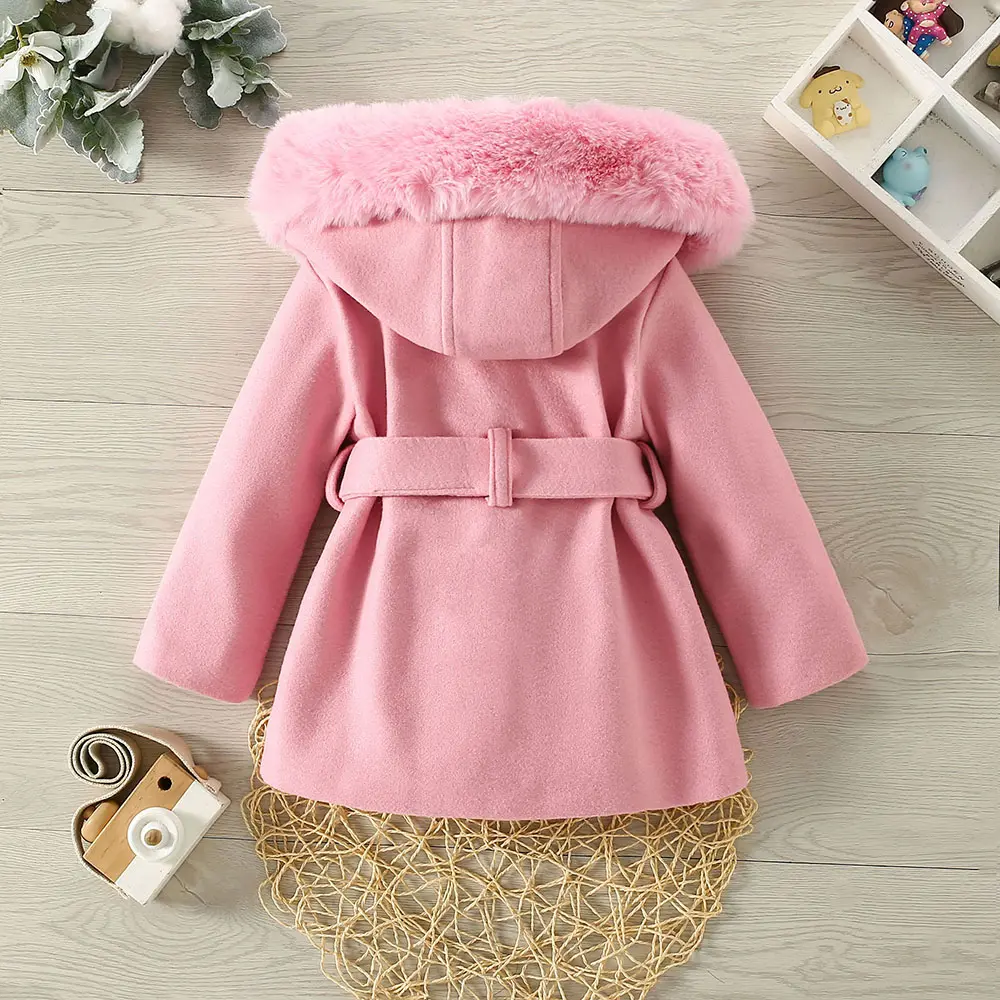Autumn and Winter New Girls' Big Wool Collar Hooded Woolen Coat Children's Cute Solid Belt Bow Fleece Coat