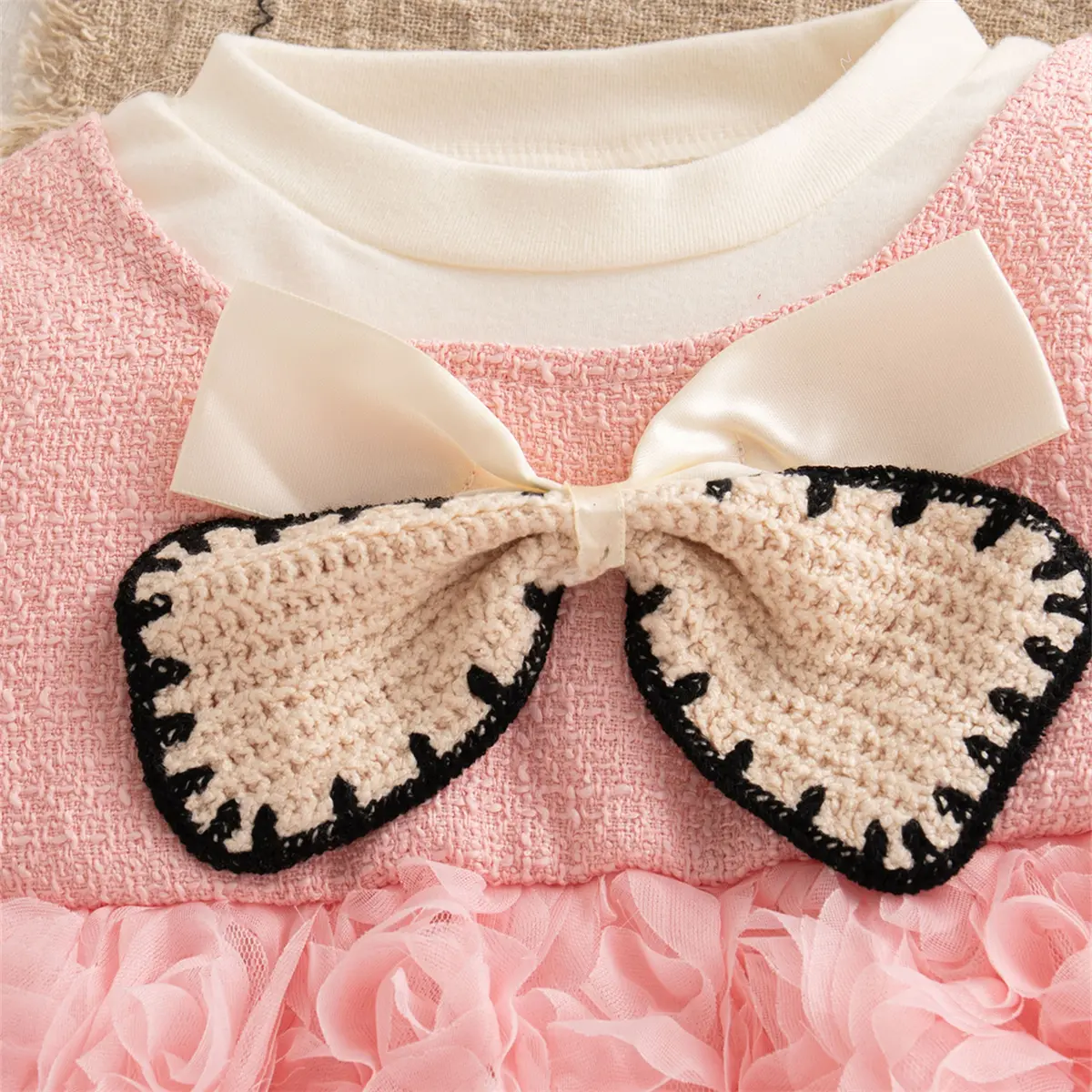 Girls Dress Autumn New Long Sleeved Baby Dress Solid Color Imitation Two Piece Mesh 3d Flower Bow Clothes Girl