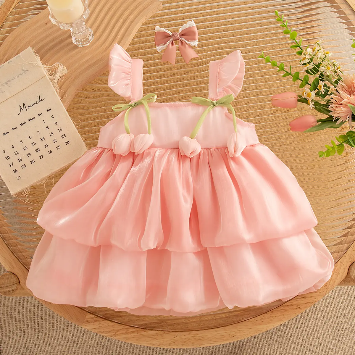 Baby Girl Dresses Summer Sleeveless Ruffle Edge Baby Clothes Imitation Satin Solid Color Flower Bud Bow Girls Dress