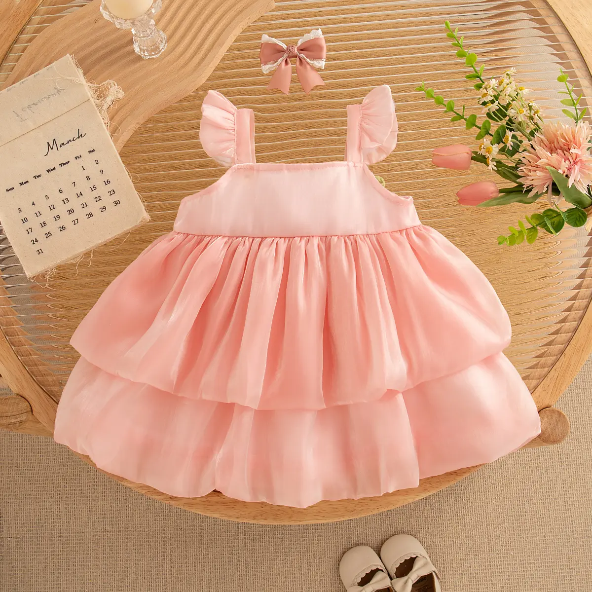 Baby Girl Dresses Summer Sleeveless Ruffle Edge Baby Clothes Imitation Satin Solid Color Flower Bud Bow Girls Dress
