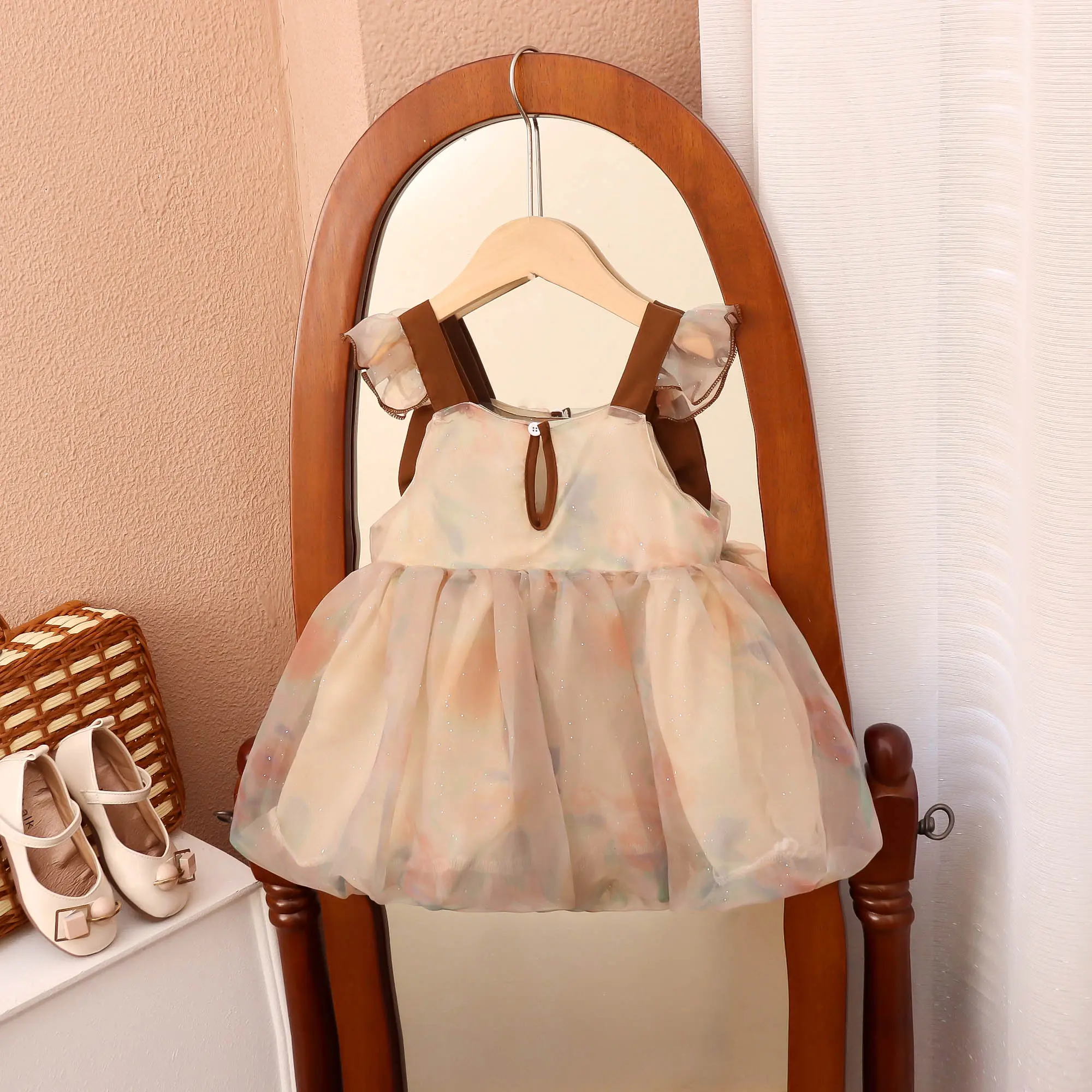 Girl Dresses Summer New Sleeveless Bow Baby Girl Clothes Mesh Sweet Brown Princess Birthday Party Baby Dress
