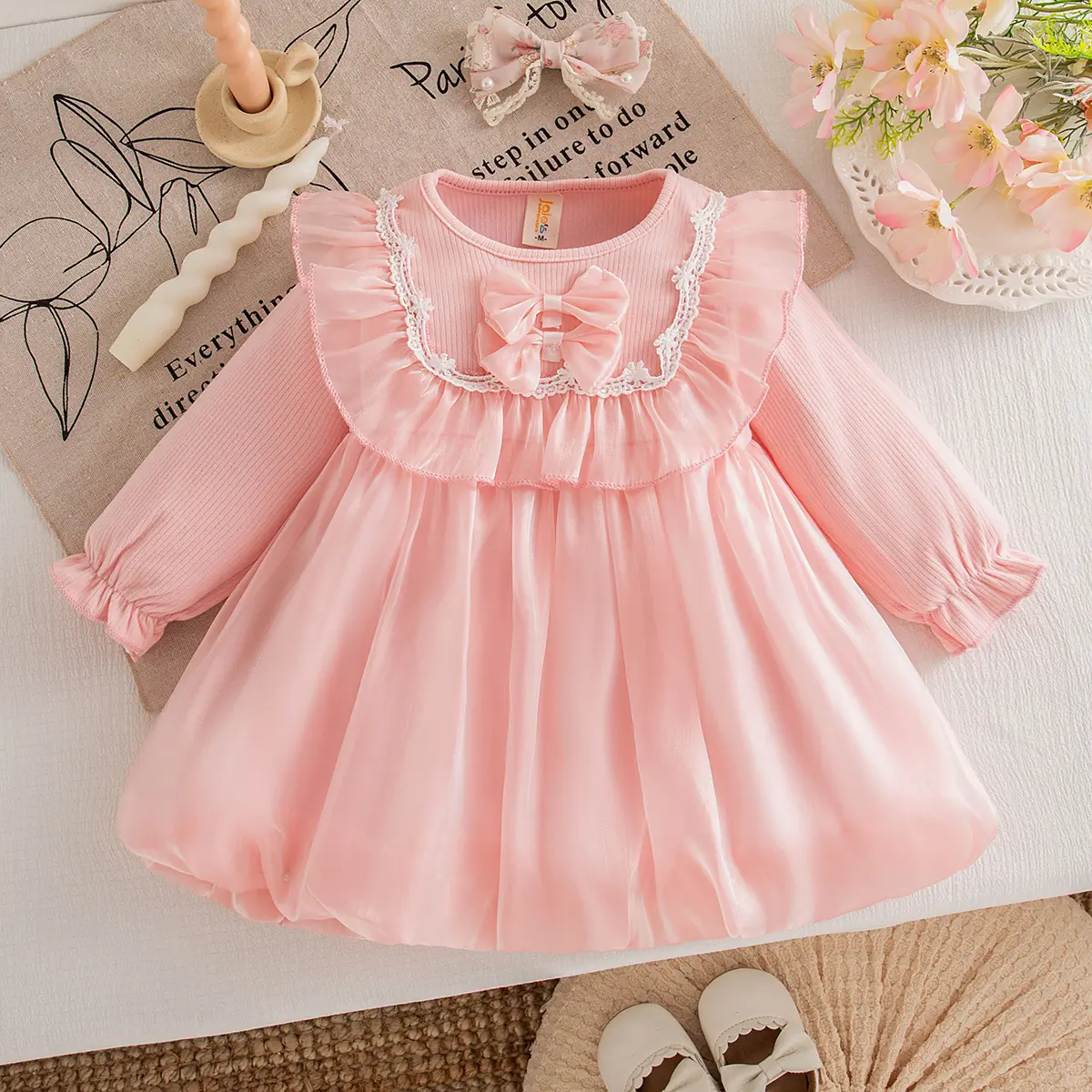 Baby Clothing Autumn New Long Sleeved Girls Dress Solid Color Imitation Satin Sweet Bow Lace Edge Baby Dresses