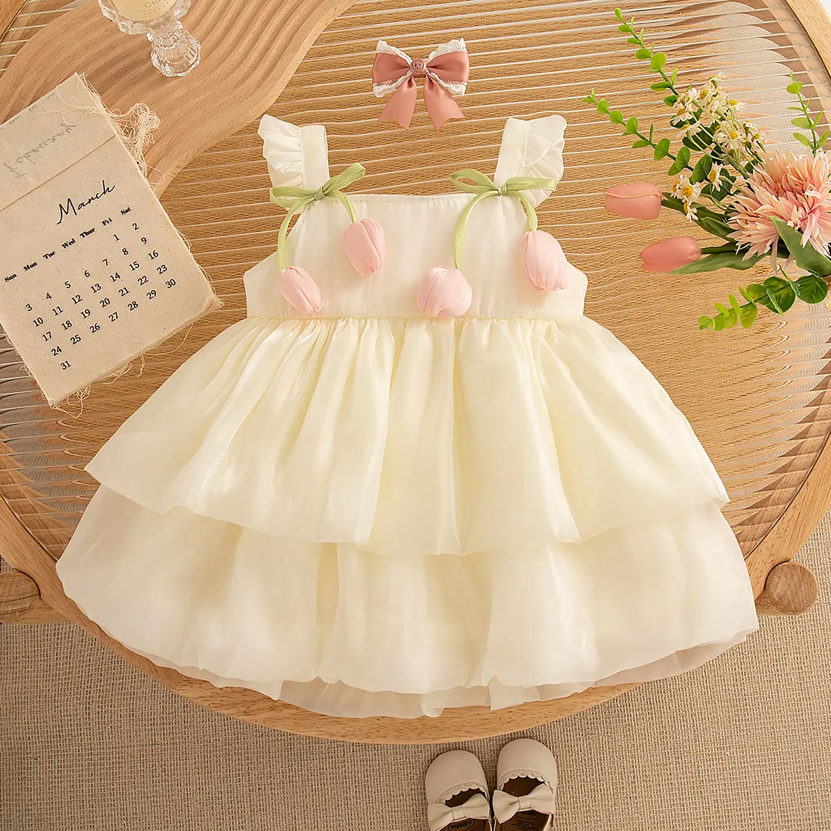 Baby Girl Dresses Summer Sleeveless Ruffle Edge Baby Clothes Imitation Satin Solid Color Flower Bud Bow Girls Dress