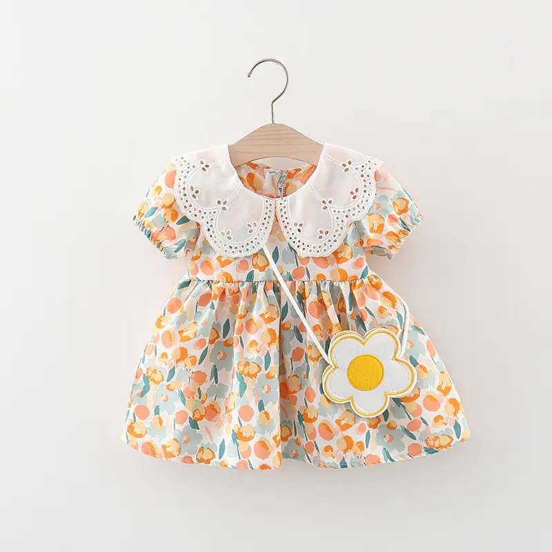 Summer 2-piece/set girl's dress bag baby girl lace large lapel graffiti flower print dress all over the body