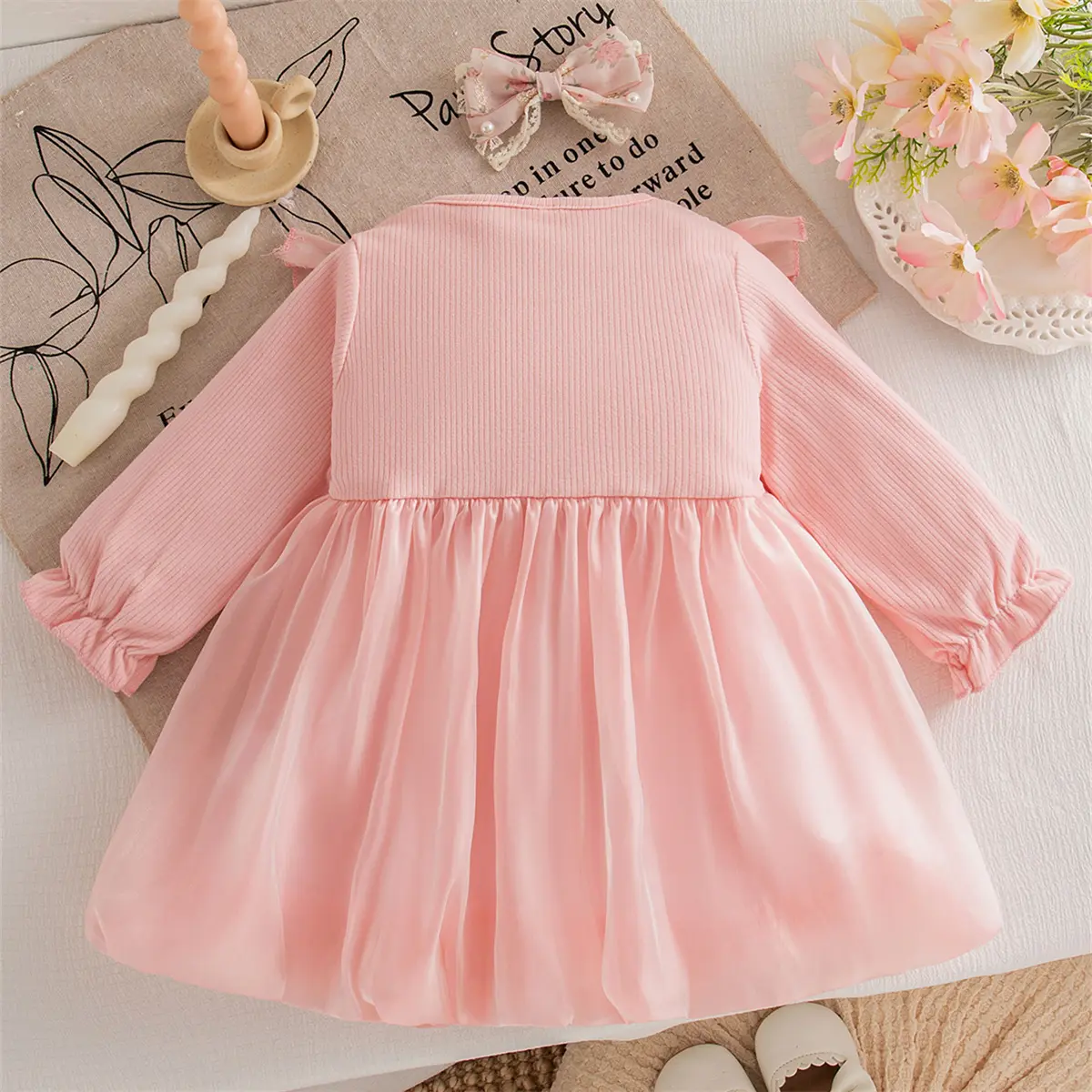Baby Clothing Autumn New Long Sleeved Girls Dress Solid Color Imitation Satin Sweet Bow Lace Edge Baby Dresses
