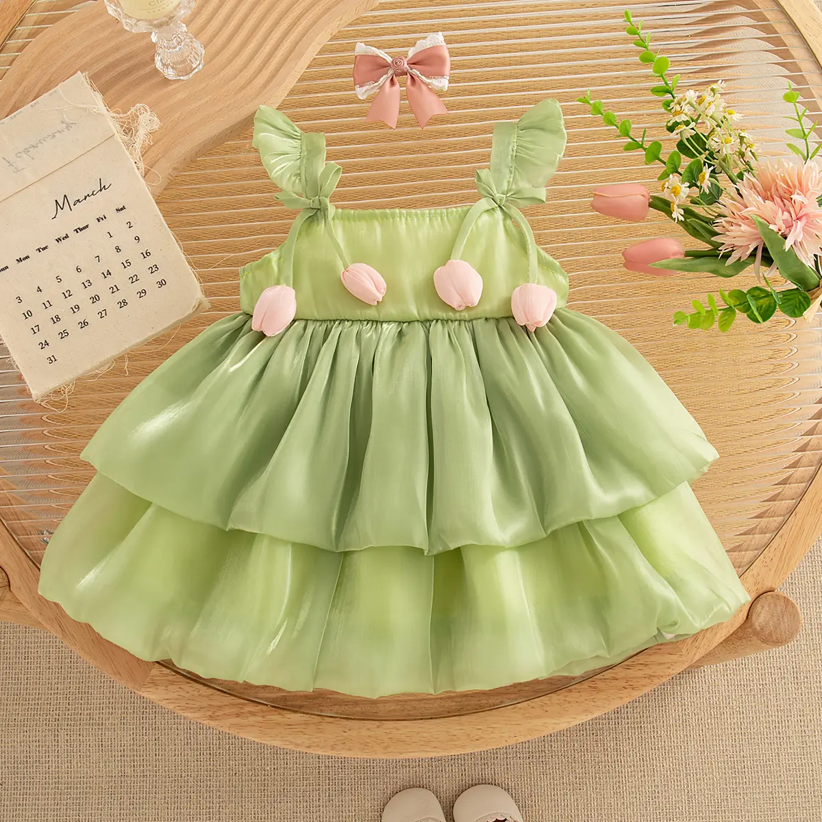Baby Girl Dresses Summer Sleeveless Ruffle Edge Baby Clothes Imitation Satin Solid Color Flower Bud Bow Girls Dress