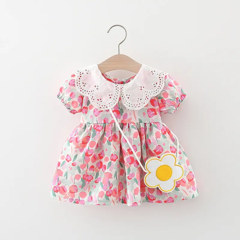 Summer 2-piece/set girl's dress bag baby girl lace large lapel graffiti flower print dress all over the body