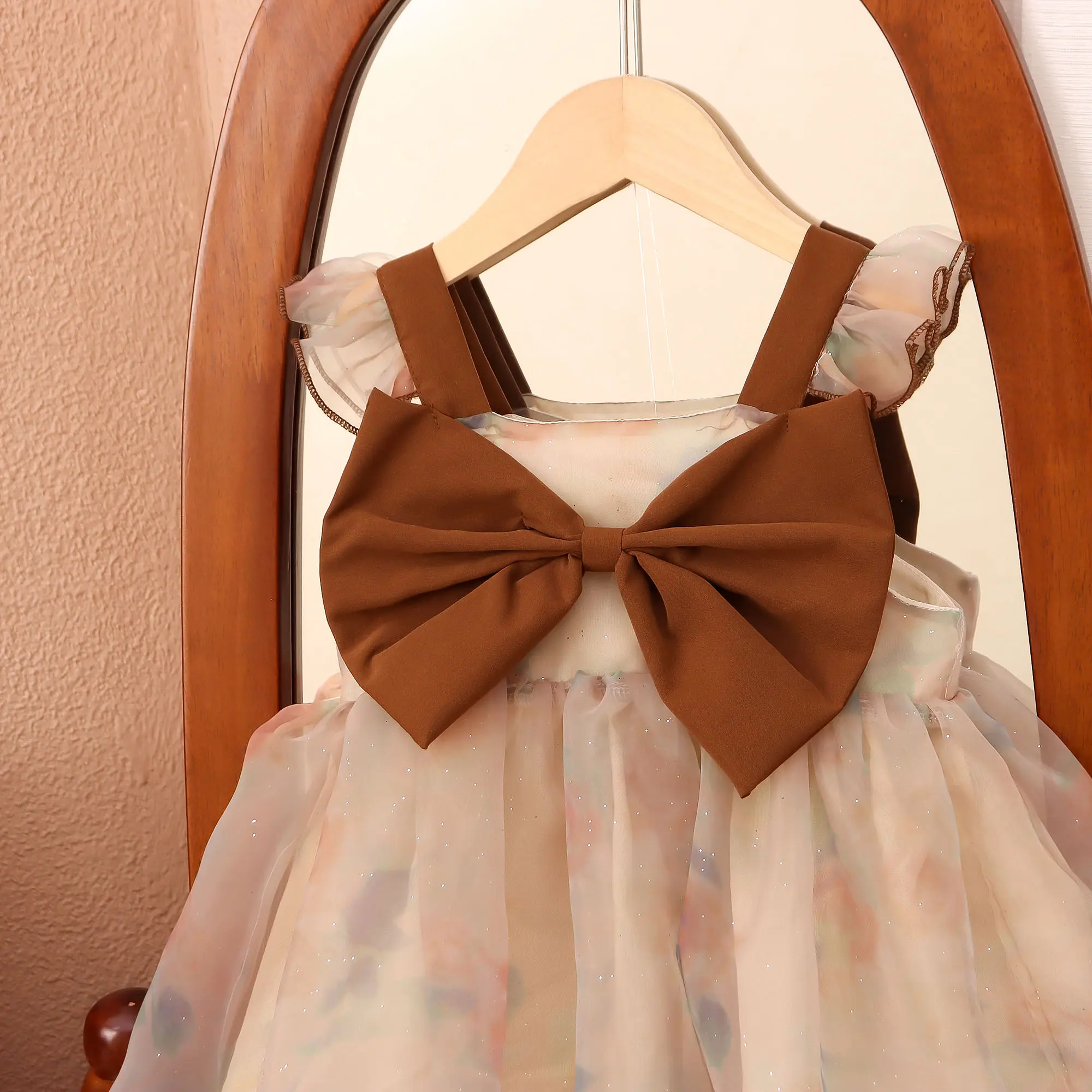 Girl Dresses Summer New Sleeveless Bow Baby Girl Clothes Mesh Sweet Brown Princess Birthday Party Baby Dress