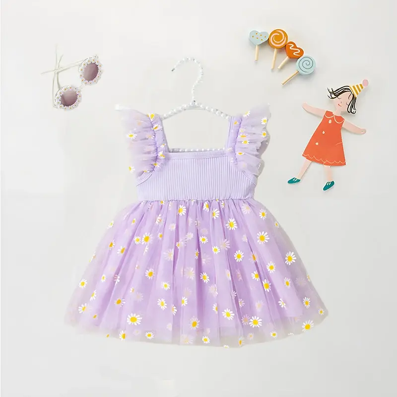 (0-3) Baby Girl Dress Summer Baby Girl Splicing Daisy Mesh Sleeveless Princess Dress Cute Flying Sleeve Dress