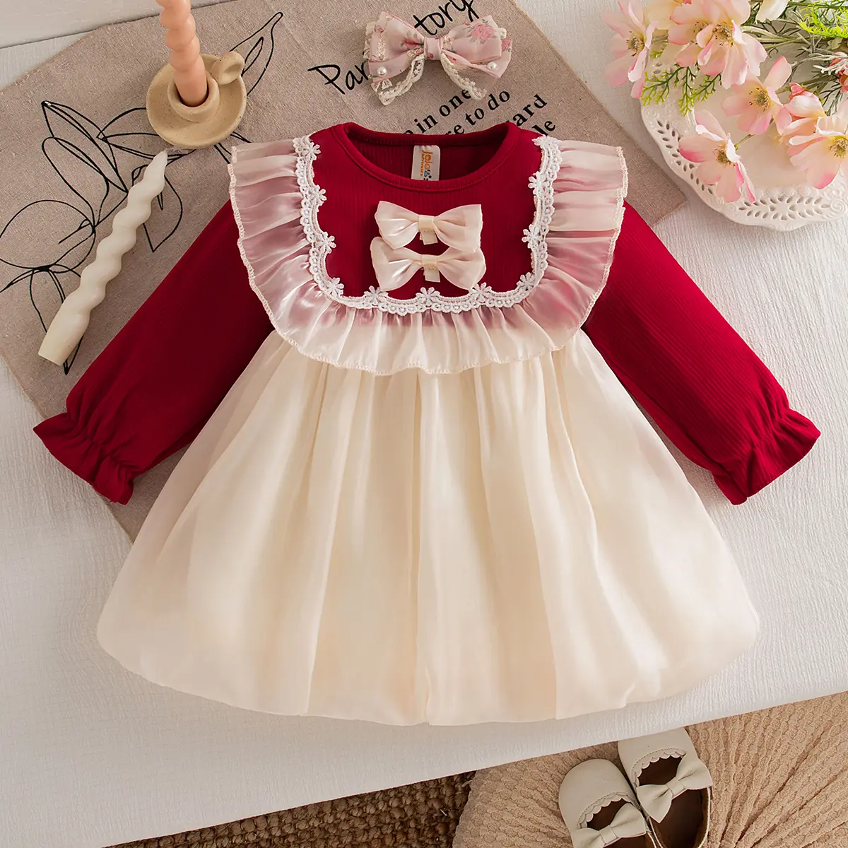 Baby Clothing Autumn New Long Sleeved Girls Dress Solid Color Imitation Satin Sweet Bow Lace Edge Baby Dresses
