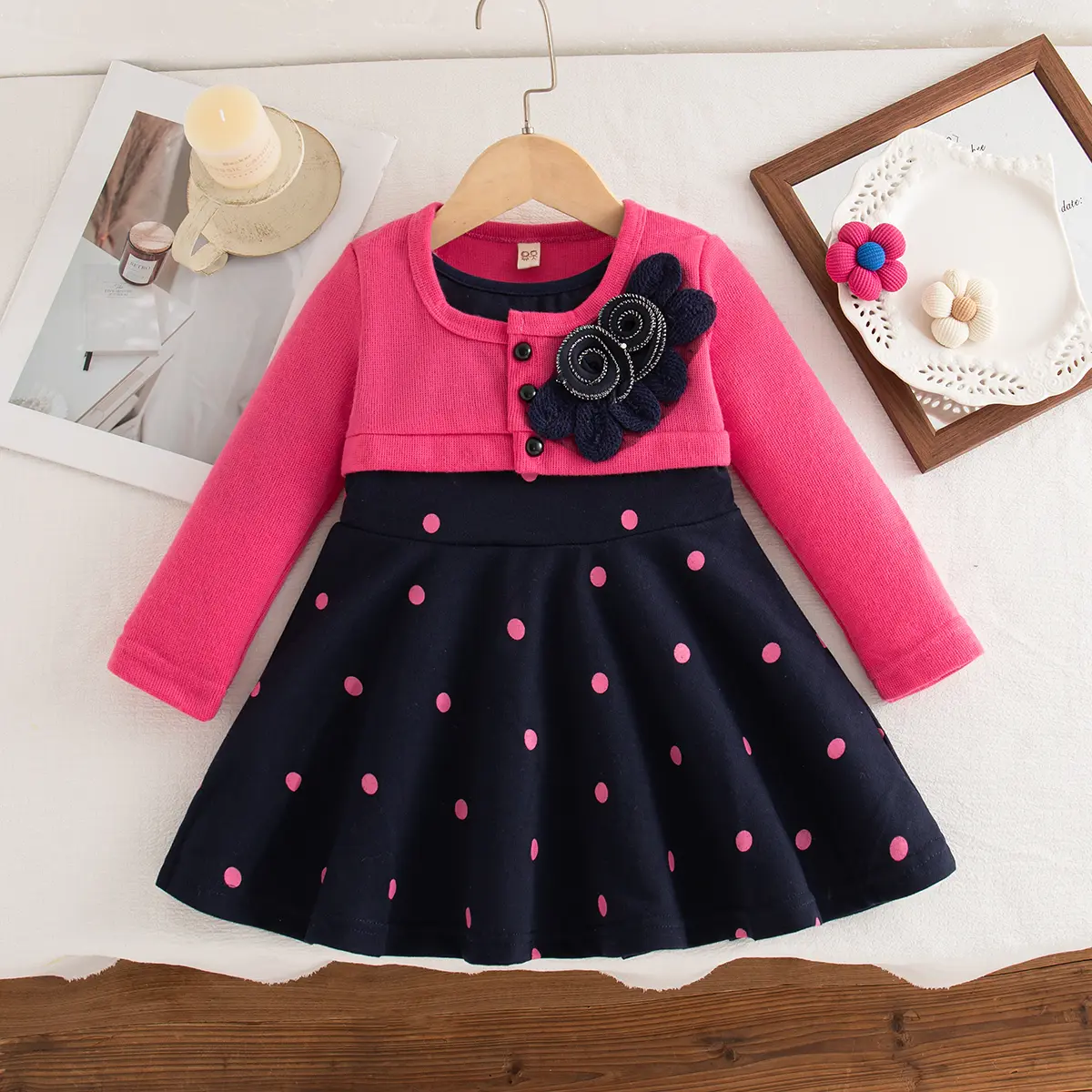 Casual Dresses For Girls Autumn New Long Sleeved Baby Dresses Polka Dot Print Imitates Two 3d Flowers Girl Clothes