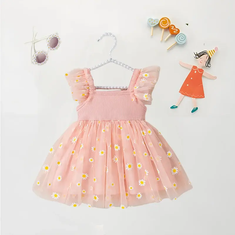 (0-3) Baby Girl Dress Summer Baby Girl Splicing Daisy Mesh Sleeveless Princess Dress Cute Flying Sleeve Dress