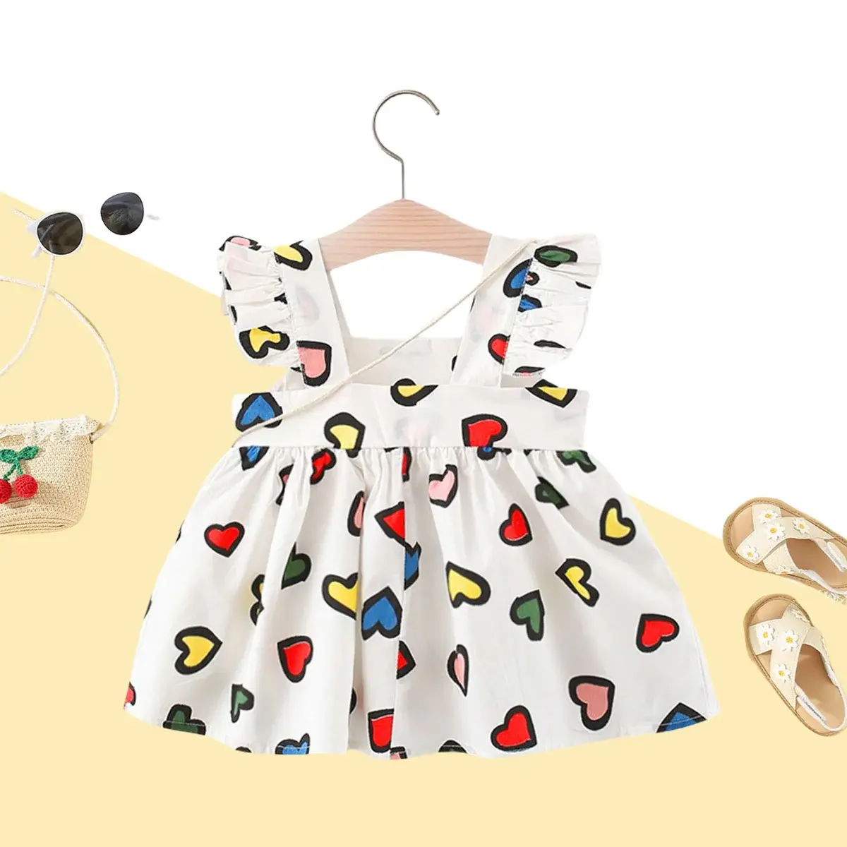 2 Pcs Summer Beach Girl Dress With Heart-Shaped Printed Fly Sleeves Cotton Dress And Dragonfly Pendant Decoration