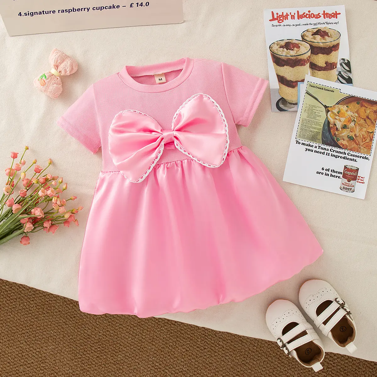 Baby Girl Dresses Summer New Short Sleeved Clothes Girl Sweet Bow Imitation Satin Solid Color Baby Dresses
