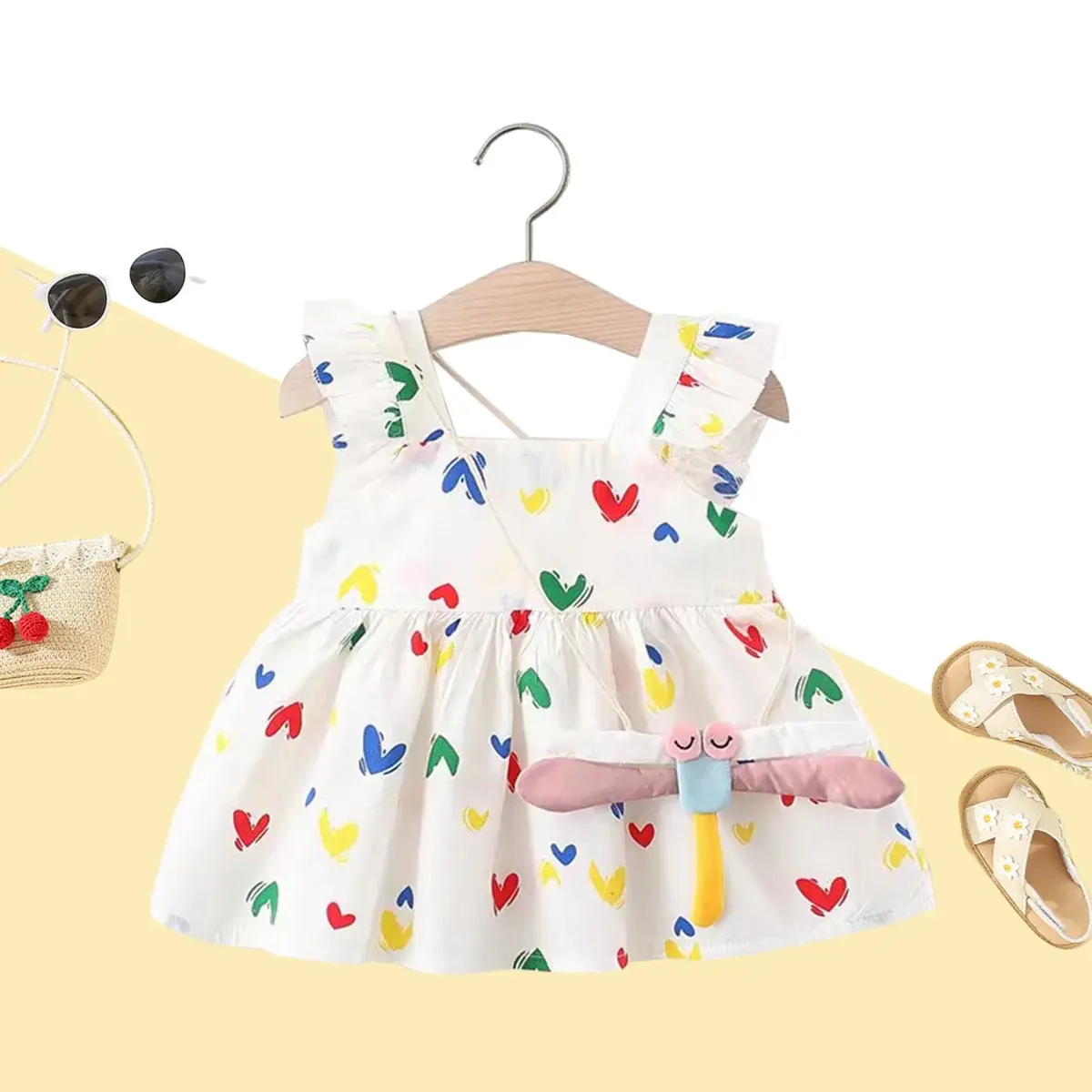 2 Pcs Summer Beach Girl Dress With Heart-Shaped Printed Fly Sleeves Cotton Dress And Dragonfly Pendant Decoration