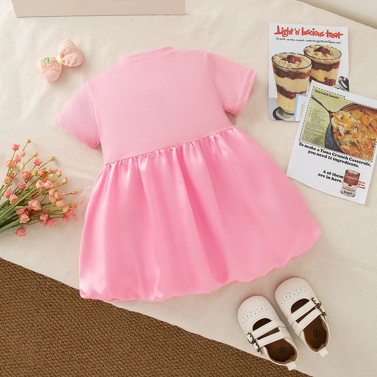 Baby Girl Dresses Summer New Short Sleeved Clothes Girl Sweet Bow Imitation Satin Solid Color Baby Dresses