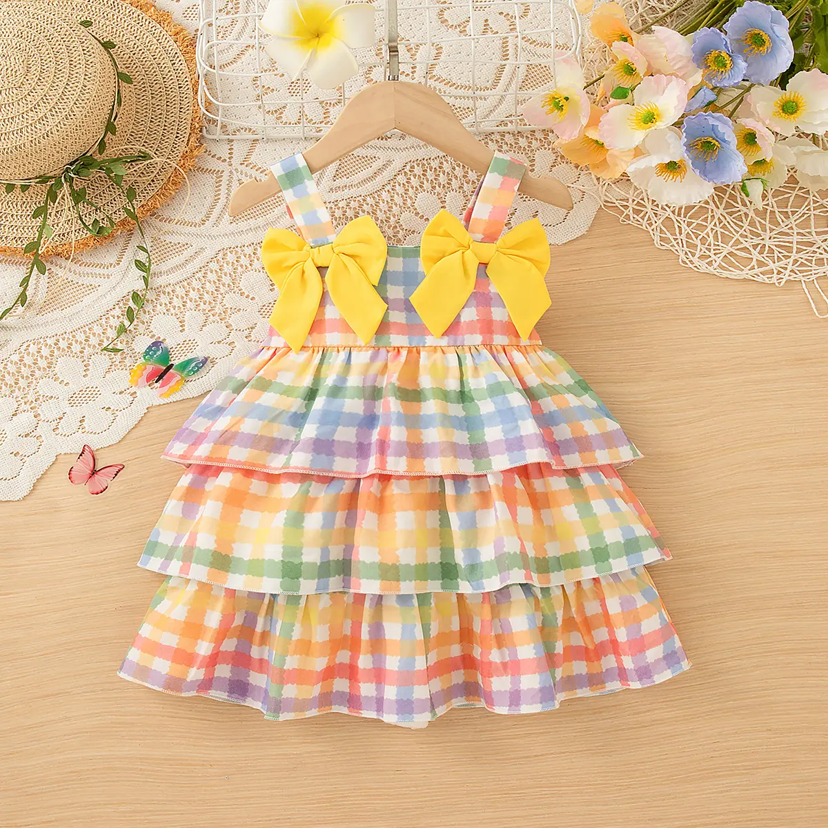 Birthday Dress Baby Gir Summer New Suspender Plaid Baby Clothes Sweet Colour Bow Pleat Elegant Girl Party Dress
