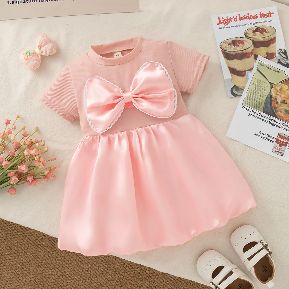 Baby Girl Dresses Summer New Short Sleeved Clothes Girl Sweet Bow Imitation Satin Solid Color Baby Dresses