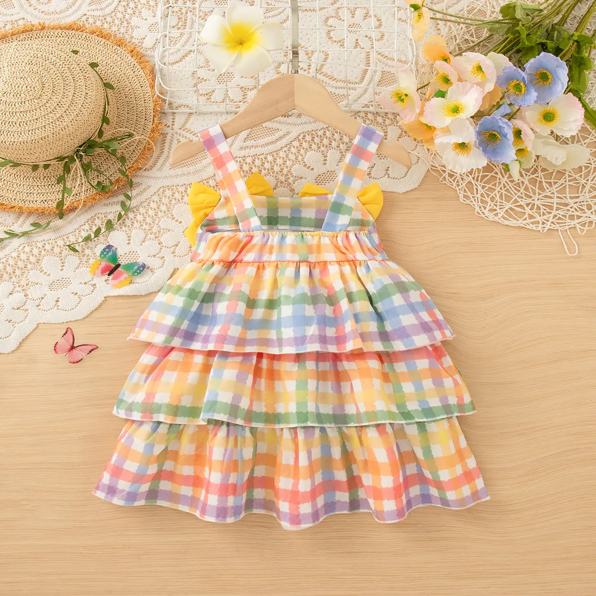 Birthday Dress Baby Gir Summer New Suspender Plaid Baby Clothes Sweet Colour Bow Pleat Elegant Girl Party Dress