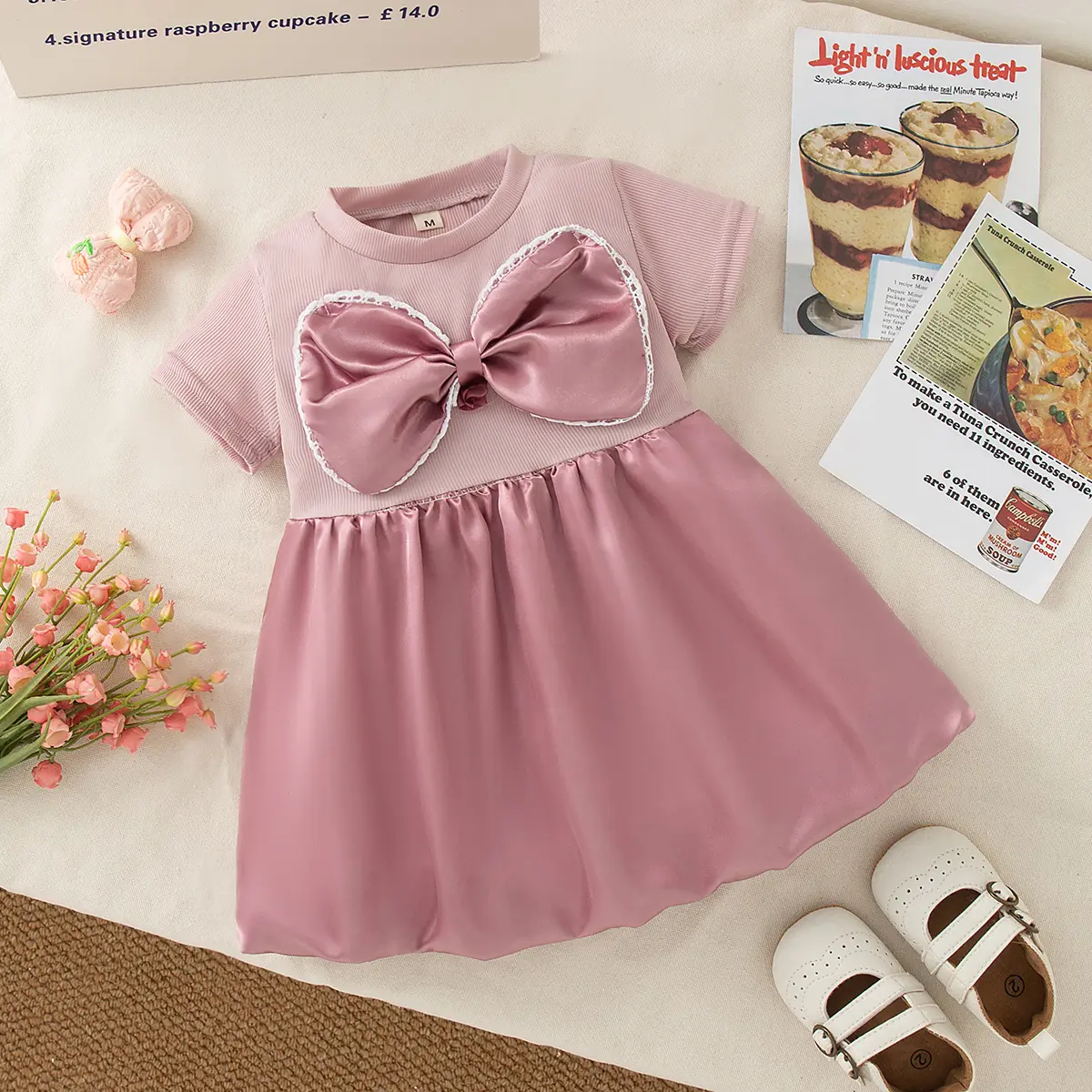 Baby Girl Dresses Summer New Short Sleeved Clothes Girl Sweet Bow Imitation Satin Solid Color Baby Dresses