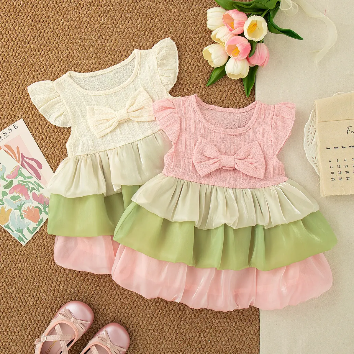 Birthday Dress Baby Girl Summer New Sleeveless Toddler Dress Imitation Satin Sweet Solid Color Bow Girl Clothing