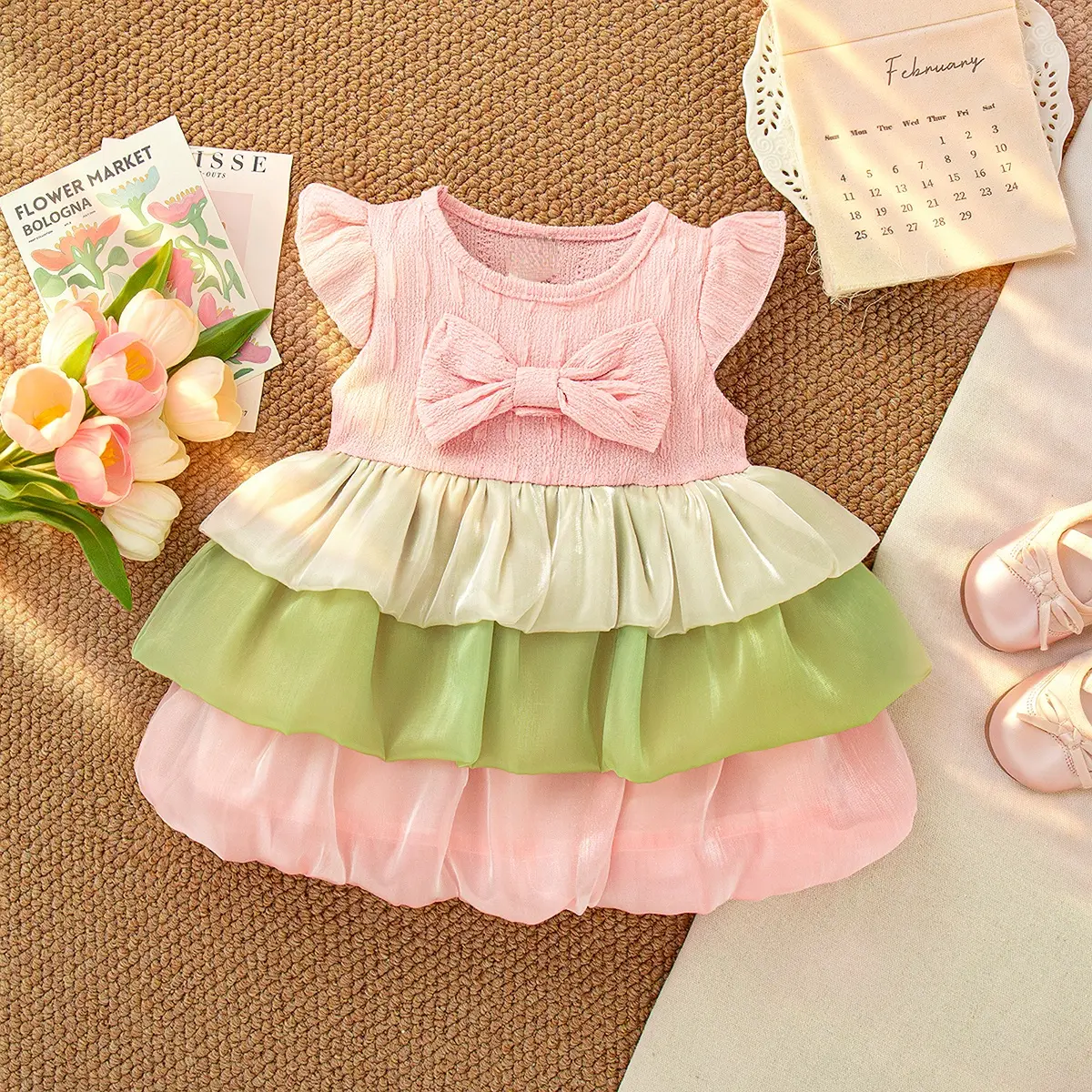 Birthday Dress Baby Girl Summer New Sleeveless Toddler Dress Imitation Satin Sweet Solid Color Bow Girl Clothing