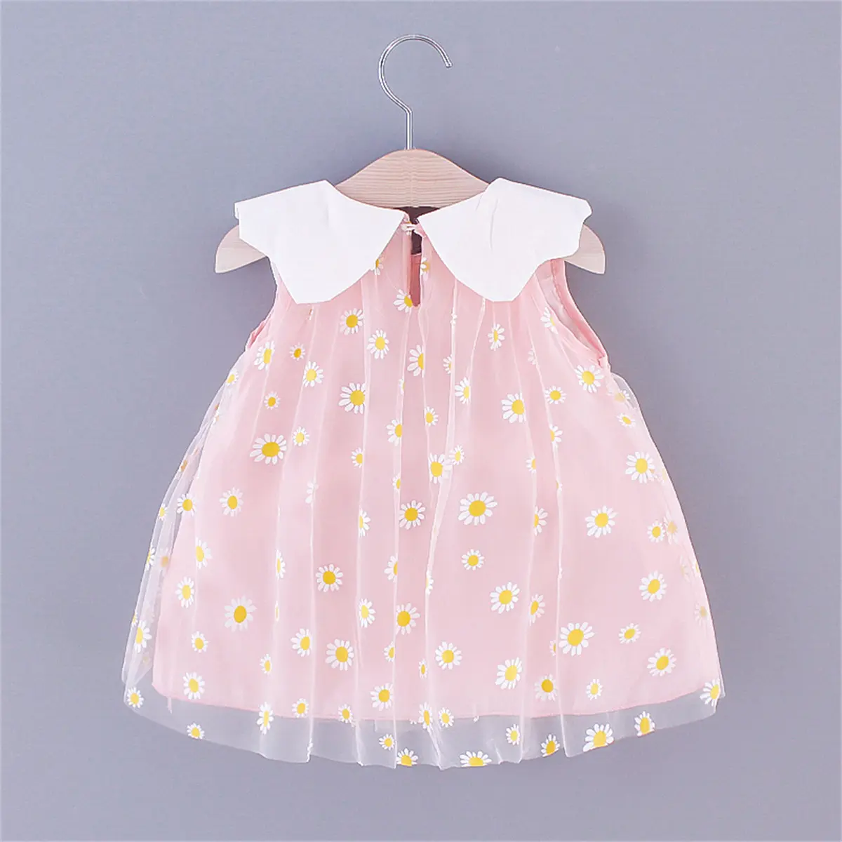 Summer Children's Dress Girl's Little Daisy Big Flip Collar Solid Color Sleeveless Sweet Cute Mesh Dress