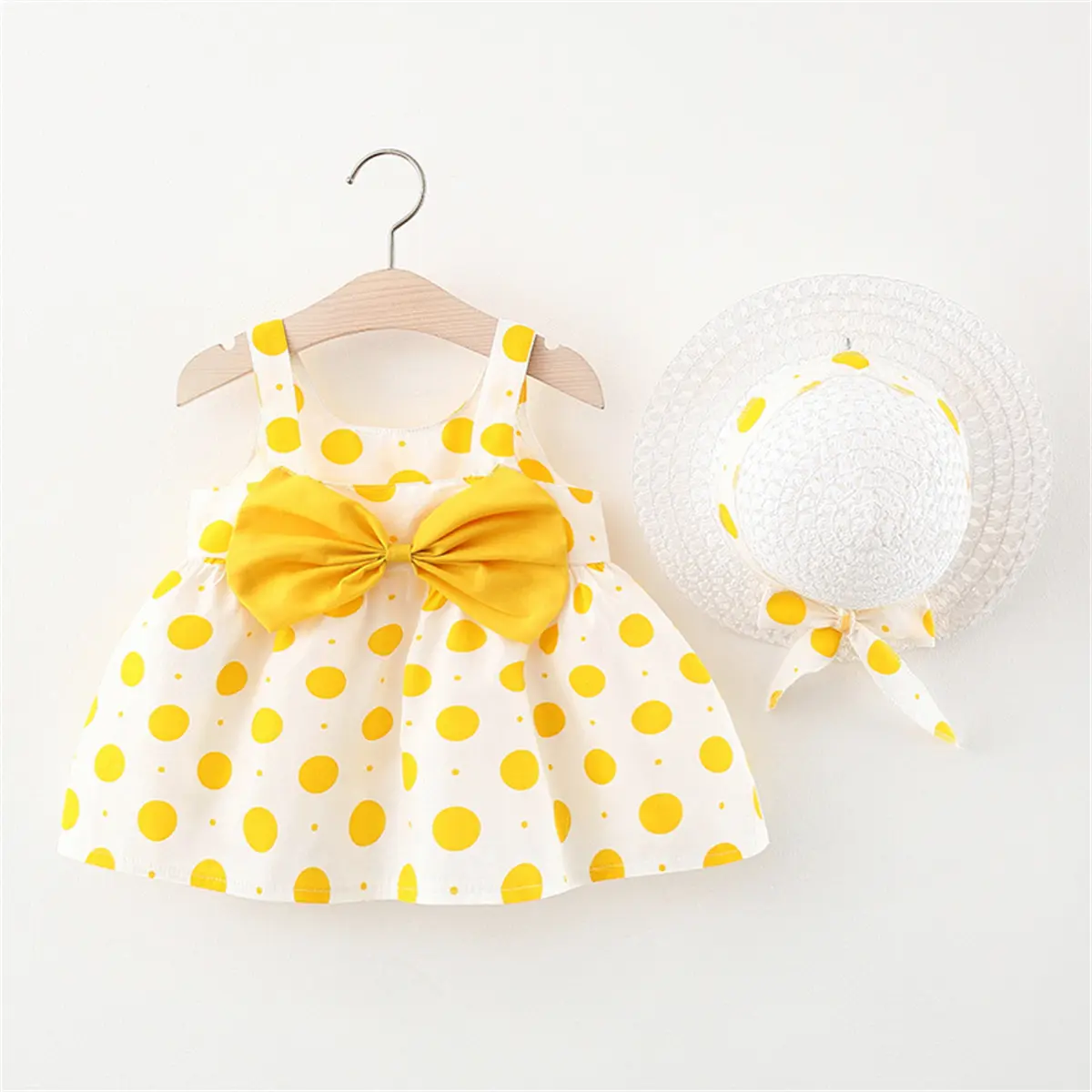 Summer dress and hat two-piece set for girls baby solid color polka dot printed bow sweet camisole dress (0-2) years old