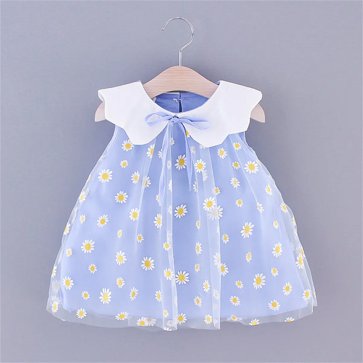 Summer Children's Dress Girl's Little Daisy Big Flip Collar Solid Color Sleeveless Sweet Cute Mesh Dress