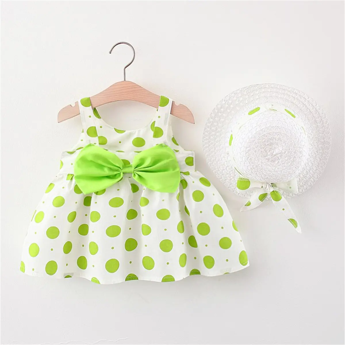 Summer dress and hat two-piece set for girls baby solid color polka dot printed bow sweet camisole dress (0-2) years old
