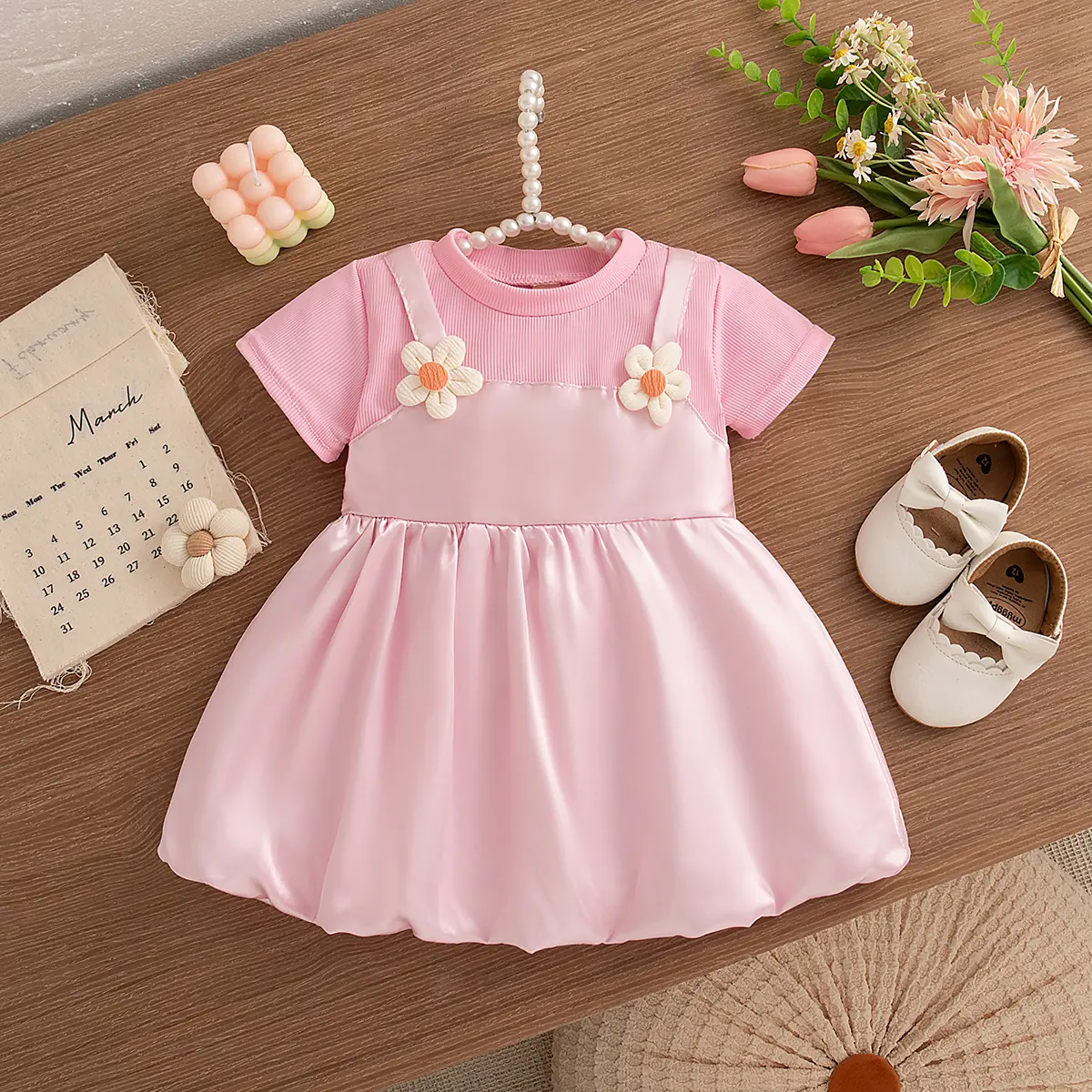 Baby Girl Dress Summer New Short Sleeved Toddler Dress Imitation Satin 3d Flower Imitation Of Two Pieces Girl Clothes