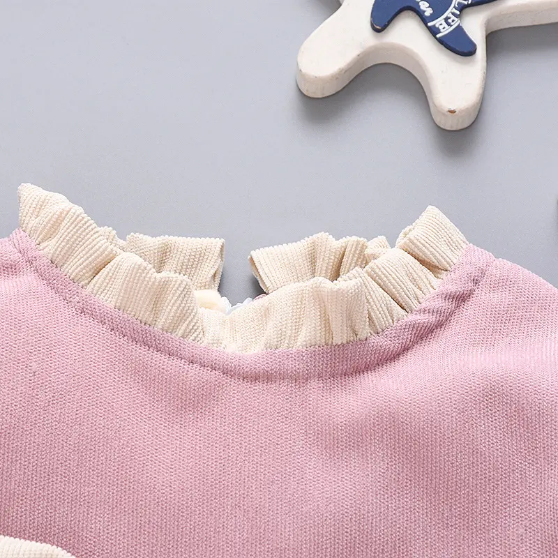 Autumn and Winter New Girls' Plush Dress Children's Corduroy Large Bow Pleated Stand Collar Winter Princess Dress