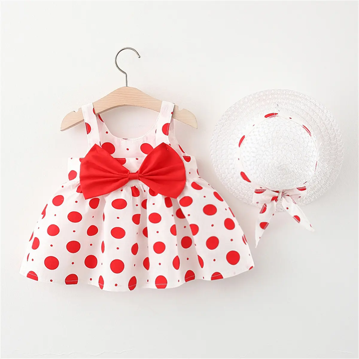 Summer dress and hat two-piece set for girls baby solid color polka dot printed bow sweet camisole dress (0-2) years old