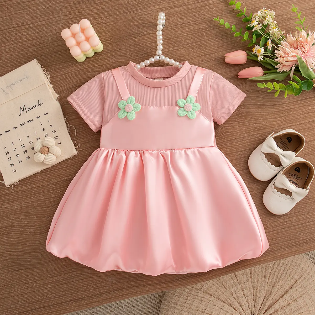 Baby Girl Dress Summer New Short Sleeved Toddler Dress Imitation Satin 3d Flower Imitation Of Two Pieces Girl Clothes
