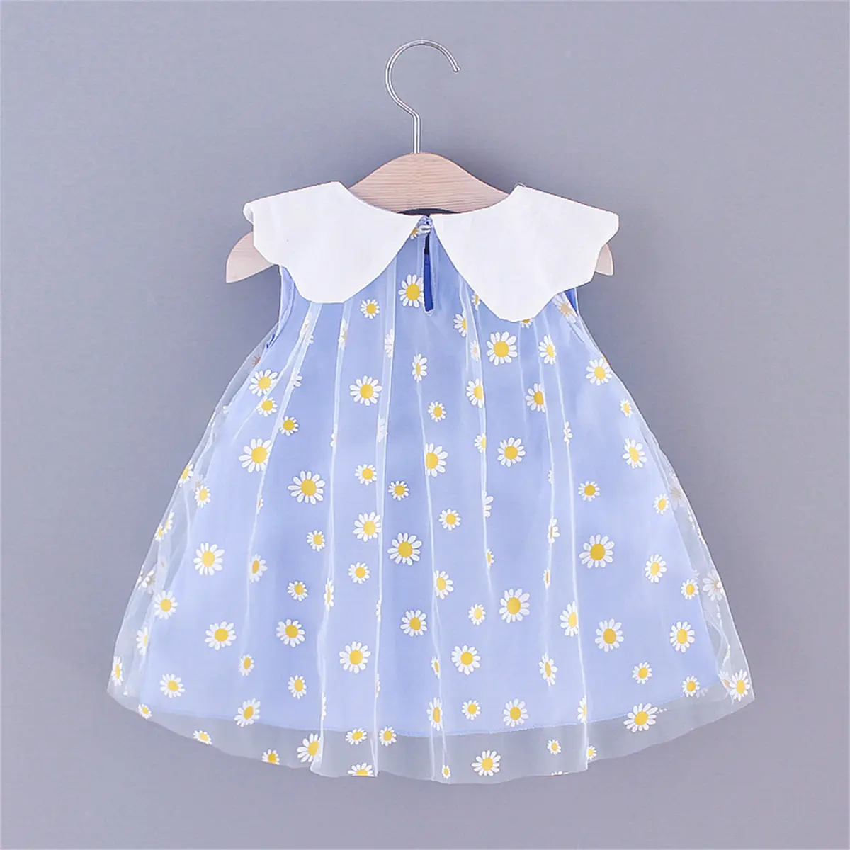 Summer Children's Dress Girl's Little Daisy Big Flip Collar Solid Color Sleeveless Sweet Cute Mesh Dress