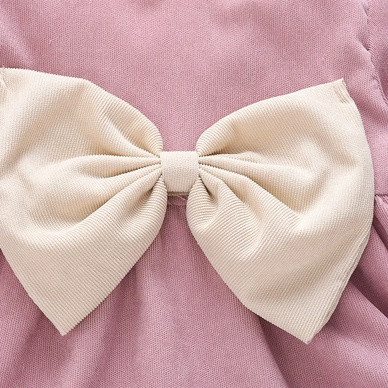Autumn and Winter New Girls' Plush Dress Children's Corduroy Large Bow Pleated Stand Collar Winter Princess Dress