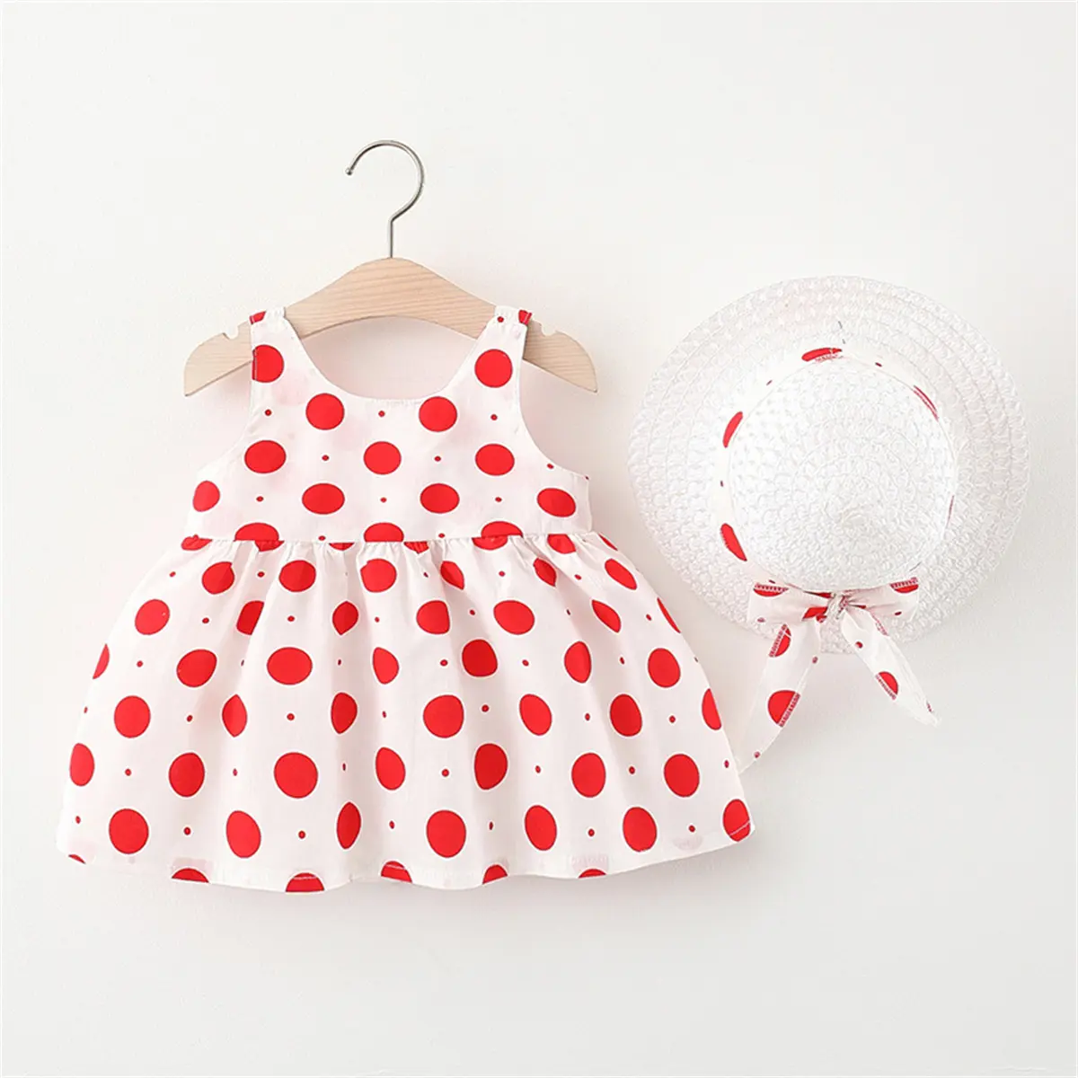 Summer dress and hat two-piece set for girls baby solid color polka dot printed bow sweet camisole dress (0-2) years old