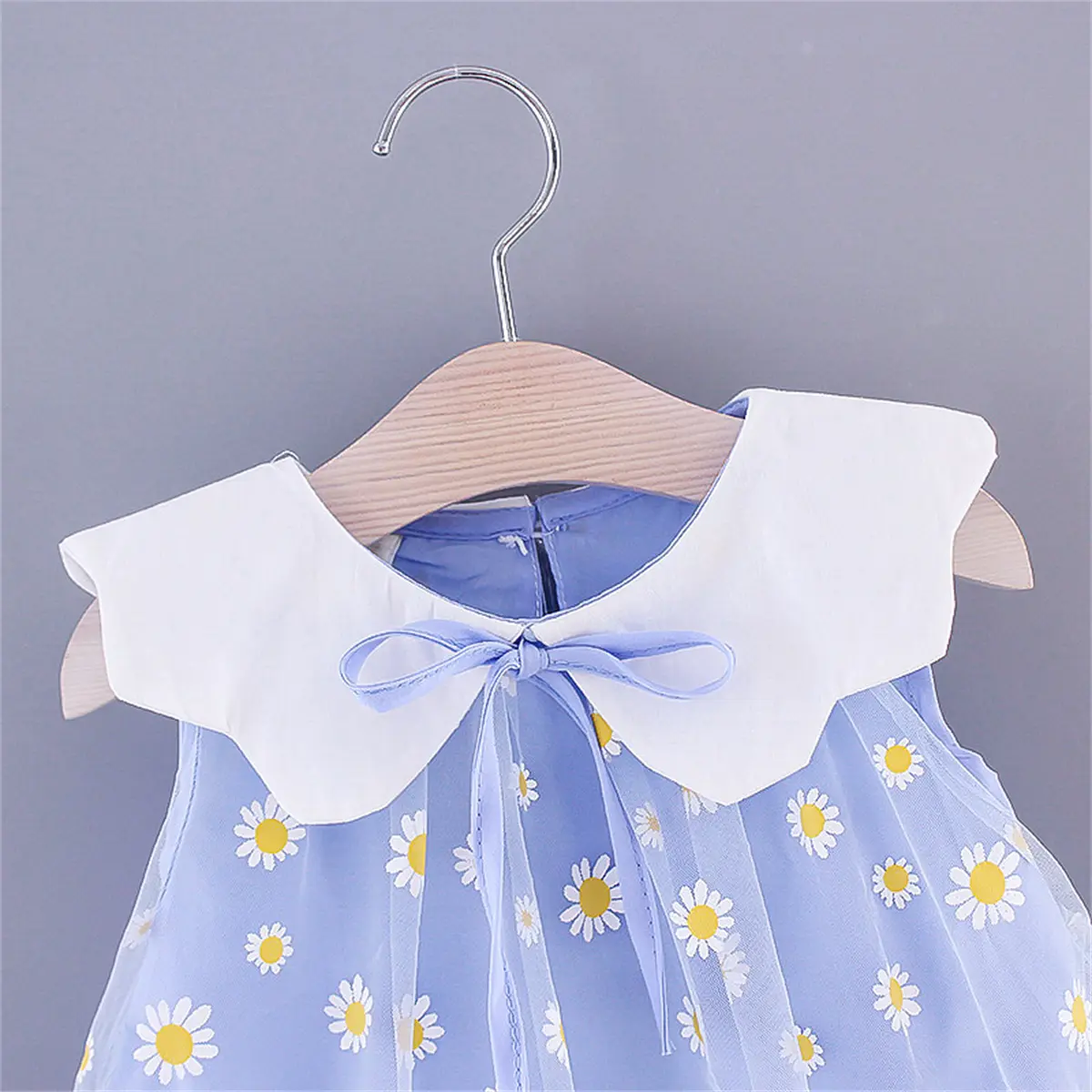 Summer Children's Dress Girl's Little Daisy Big Flip Collar Solid Color Sleeveless Sweet Cute Mesh Dress