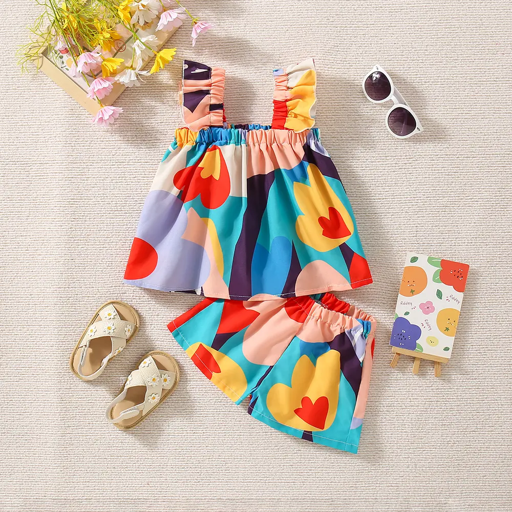 Summer 2/piece set of baby girl top and shorts set girl cartoon abstract printed small flying sleeve suspender top