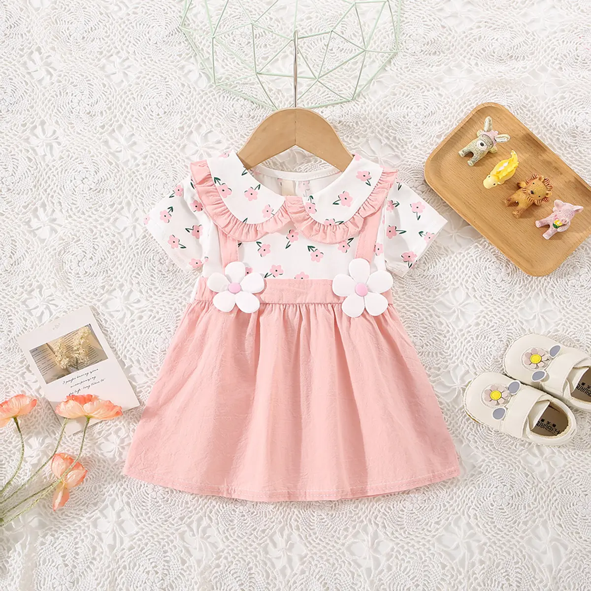 Baby Dresses Summer New Short Sleeve Flower Printed Children Clothes Strap Short Sleeve Sweet Style