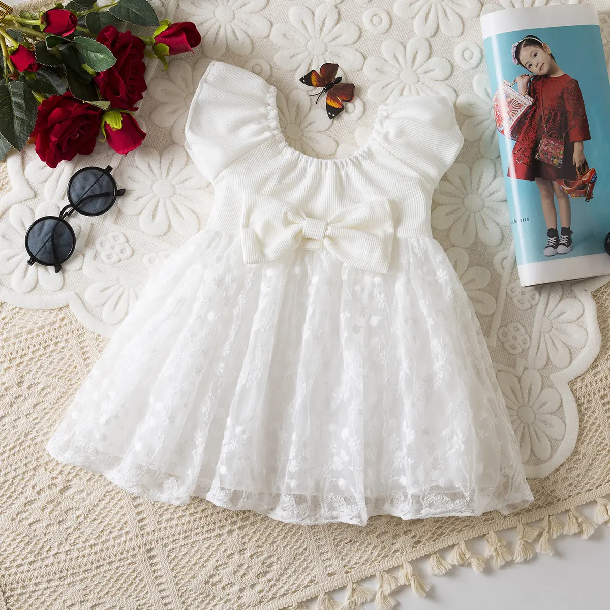 Baby Girl Dresses Summer New Sleeveless Mesh Toddler Dress Sweet Bow Flower Embroidery Casual Dresses For Girls