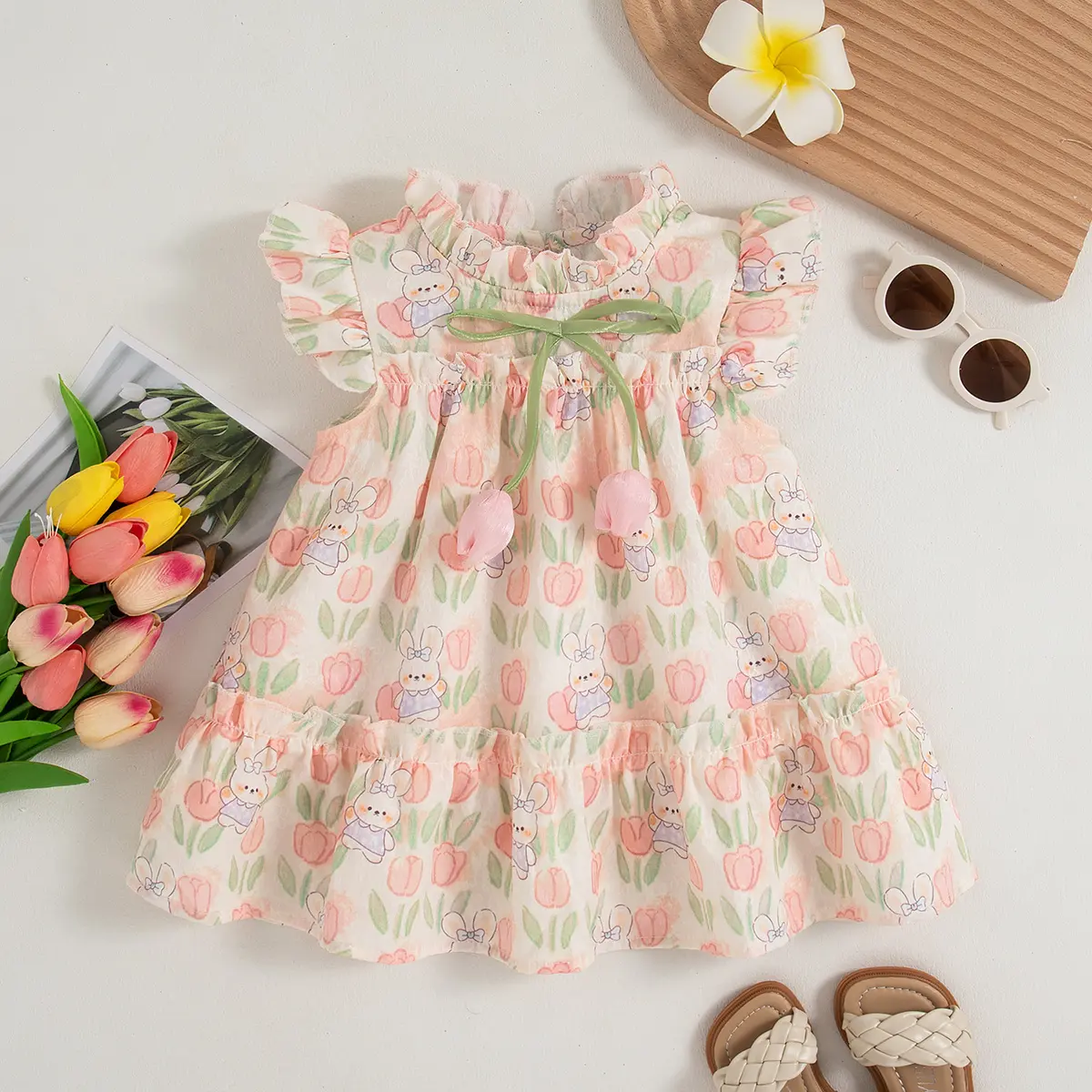 Toddler Dress Summer New Sleeveless Baby Girl Dresses Ruffled Tulip Rabbit Print Sweet Bow Girl Clothing