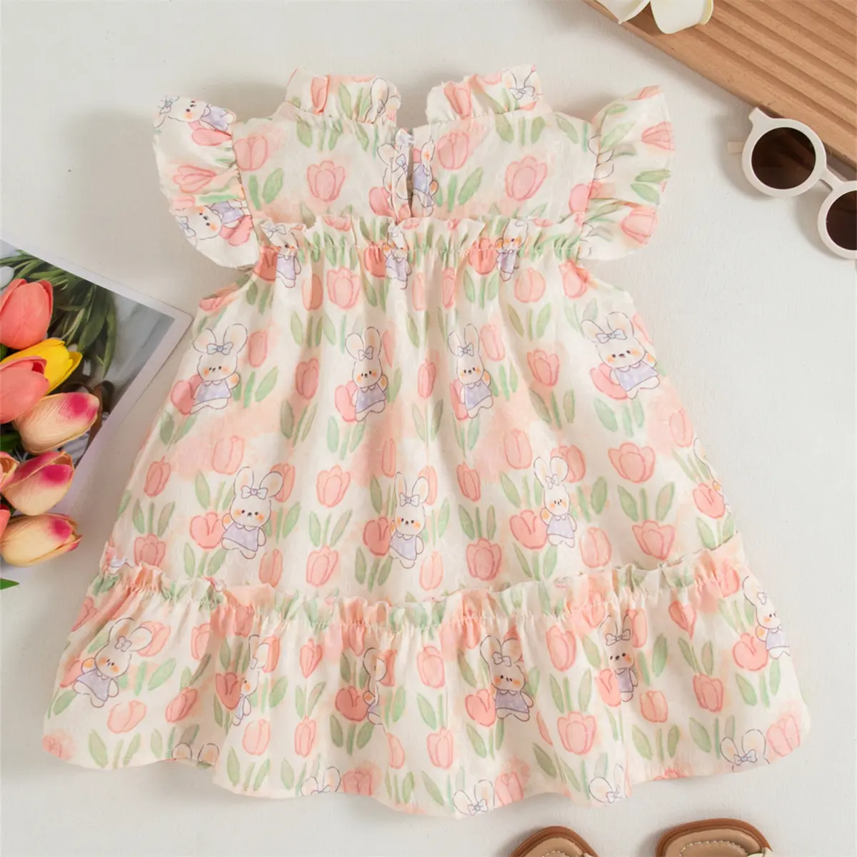 Toddler Dress Summer New Sleeveless Baby Girl Dresses Ruffled Tulip Rabbit Print Sweet Bow Girl Clothing