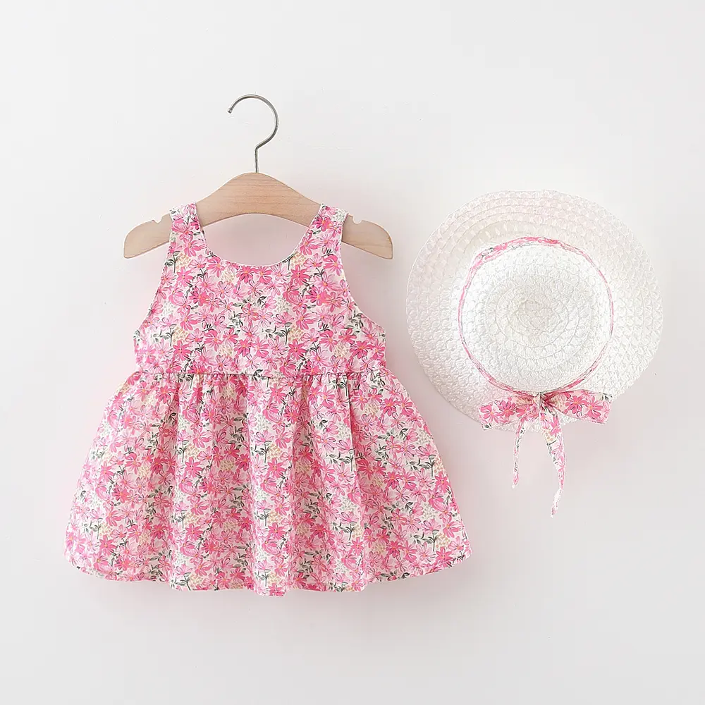 2 Pieces Set Summer New Baby Girl Dresses Sleeveless Flower Dress Hat Bow Sweet Beach Party Children Clothes