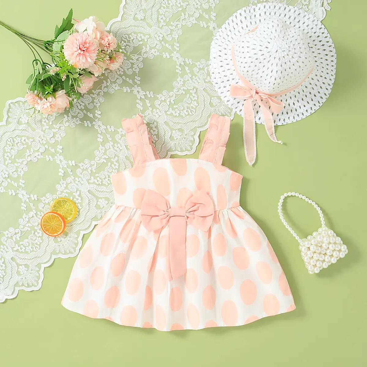 Summer (0-3) Girl Dress Girl Wave Dot Full Print Large Bow Strap Princess Dress Fashion Cotton Sleeveless Dress