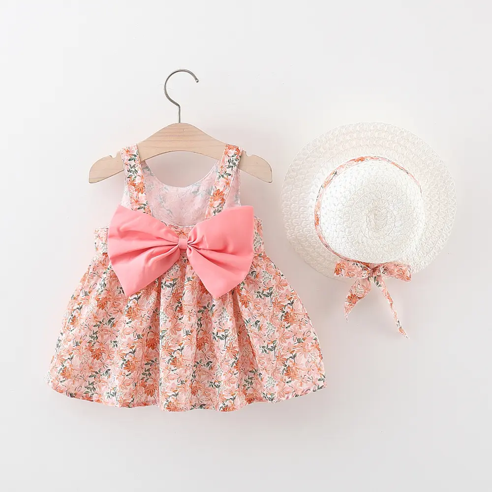 2 Pieces Set Summer New Baby Girl Dresses Sleeveless Flower Dress Hat Bow Sweet Beach Party Children Clothes