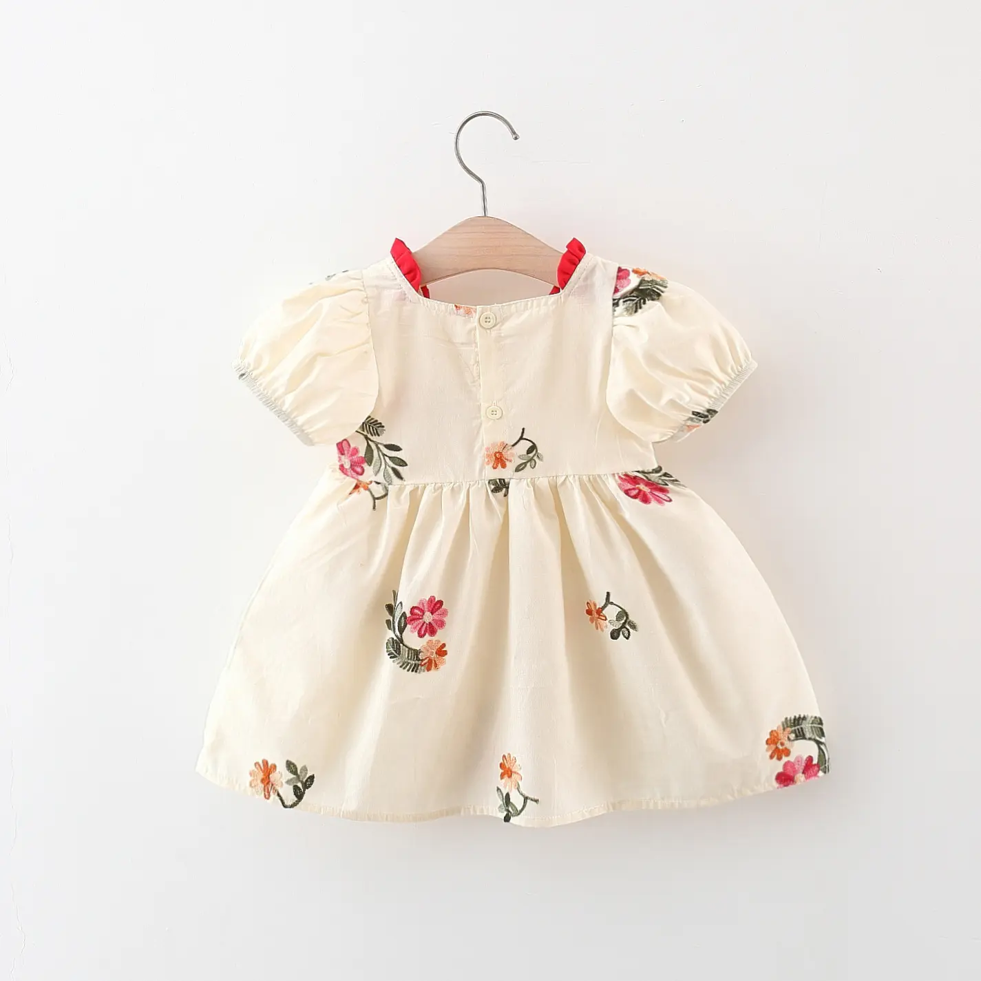 Girl's Dress Summer Baby Girl Collar Colored Lace Flower and Leaf Embroidered Bubble Sleeves Princess Dress