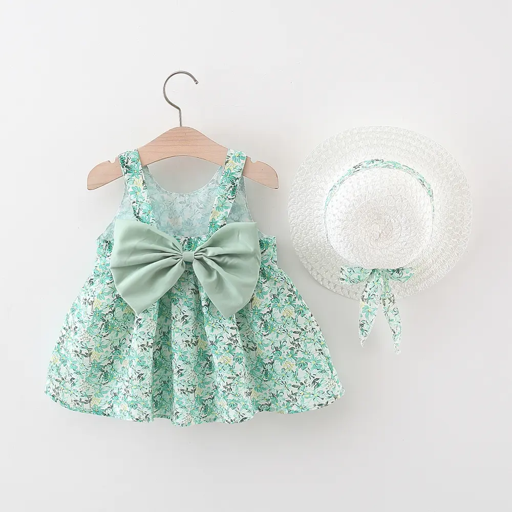2 Pieces Set Summer New Baby Girl Dresses Sleeveless Flower Dress Hat Bow Sweet Beach Party Children Clothes